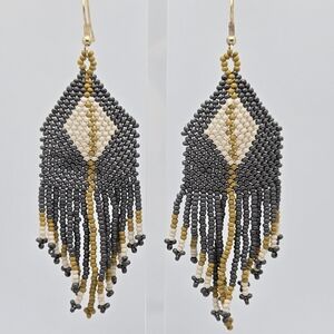 Ink + Alloy Handmade Grey Gold Beaded Fringe Designer Earrings 3.5''